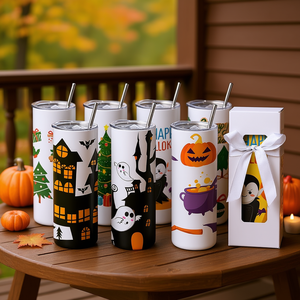 Bicchieri in acciaio inossidabile da 20oz a doppia parete con coperchio, confezione regalo da 12 pezzi per Halloween e temi natalizi - Product Image 2