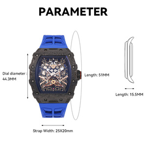 Mode ultradunne mechanische horloge met skeletwijzerplaat van koolstofvezel, saffierkristal, 3ATM waterdicht, blauwe rubberen band, herenhorloge - Product Image 6