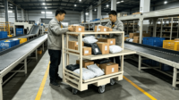 Chariot d'entrepôt métallique personnalisé à étagères multi-niveaux en maille, chariot de transport logistique avec roulettes pour la manutention de marchandises et colis