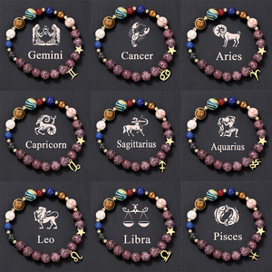 JD Venta al por Mayor, Pulsera con Colgante <span class=keywords><strong>de</strong></span> Acero Inoxidable con Signos del Zodiaco y Piedras Naturales, Protección Energética, Cristal Curativo, Cuentas Redondas, Joyería - Product Image 1