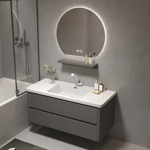 Fregadero de madera gris oscuro clásico Espejo enmarcado Cajones de almacenamiento grandes Mdf Tocador Gabinetes de baño Hotel Otros muebles de baño