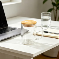Mug à bière en verre transparent à double paroi de 15 oz avec poignée, couvercle en bambou et paille, idéal pour les fêtes et les réunions de famille