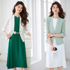 Women's Summer Thin Blazer <b>Jacket</b> Set <b>Chiffon</b> Three-Quarter Sleeve Suit Dress Solid Color Splicing Design - Product Image 1