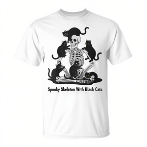 Camiseta con Estampado de Serigrafía de Gato Calavera con Esqueleto Espeluznante y Gatos Negros, Cuello Redondo, Manga Corta, Unisex para Adultos, Promocional - Product Image 3