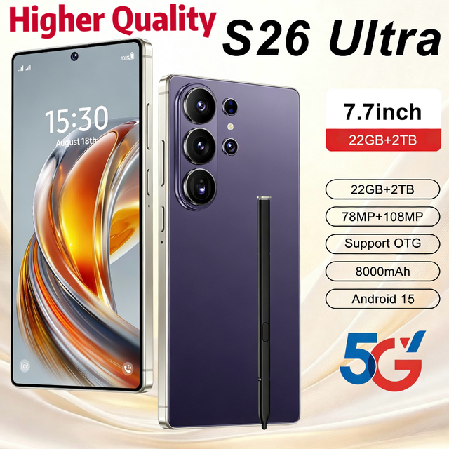 7.7 Inch S 26 Ultra 22GB+2TB Android 15 Deca Core 5G Smartphone Large Screen 144Hz 8000mAh Built-in Pen Global 5G Mobile Phones