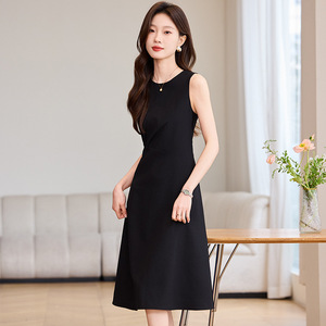 Black Sleeveless Dress O-Neck Mid Length Solid Color Polyester Women Spring Autumn 2025 Simple Style Natural Waistline - Product Image 1