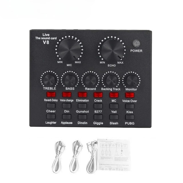 V8 Sound Card Audio USB Headset Microphone Webcast Live External Sound Cards Karaoke Recording Audio Mixer for Phone Computer