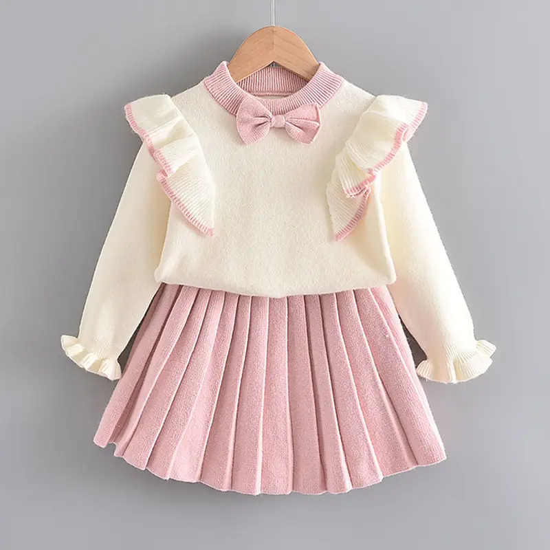 가을 의류 소녀 패션 도매 어린이 가을 부티크 의류 키즈 카디건 니트 드레스 2 조각