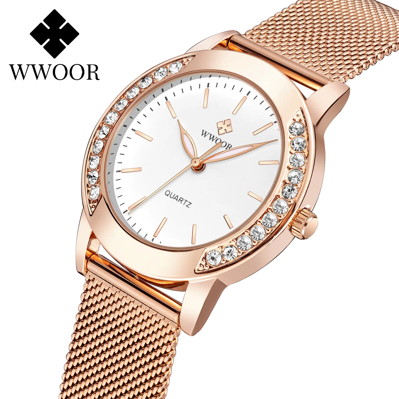 WWOOR 8877 fashion rose gold womens digital watch stylish Mesh Strap Waterproof superior ultra slim Leisure watch kit