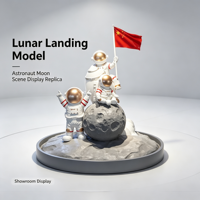 Maquette d'atterrissage lunaire d'astronaute avec combinaison spatiale blanche, casque doré, roche lunaire, drapeau rouge et base de scène