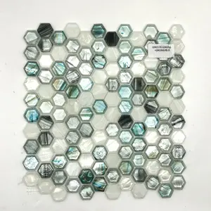 Peel And Stick Mosaic Hexagon Shape Chip Pearl 6mm White Green Tiles Price Bathroom Swimming Pool Glass Mosaic Tile