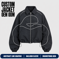 Veste coupe-vent en nylon courte à cordon de serrage et manches ballon noires avec motif abstrait personnalisé pour homme, style streetwear Y2K oversize