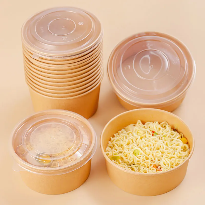 Embalagem de caixa de papel descartável para salada, tigela de papel kraft para viagem, tigela redonda personalizada com tampa, de qualidade alimentar