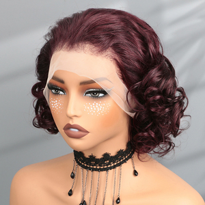 <span class=keywords><strong>Parrucca</strong></span> Bob Pixie Cut Ricci Corti 13x4 99j Bordeaux Rosa con Pizzo Frontale, Capelli Umani Brasiliani Remy per Donne Nere - Product Image 4