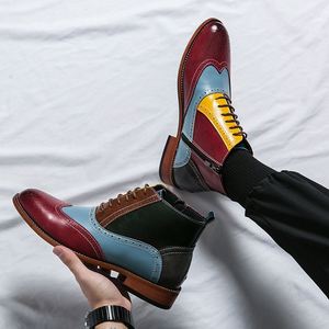 Bottines pour hommes à blocs de couleur en cuir véritable à lacets, bout pointu, tendance mode toutes saisons, style patchwork - Product Image 2