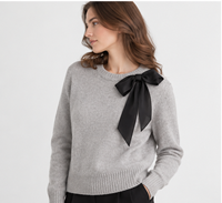 Pull en tricot personnalisé pour femme, col rond, noir, épaule à nœud gris clair, manches longues, service ODM
