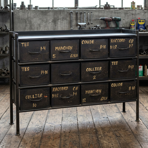 Armoire de salon industrielle de style farmhouse, écologique, en fer gris rouillé noir, avec 12 tiroirs - Product Image 2
