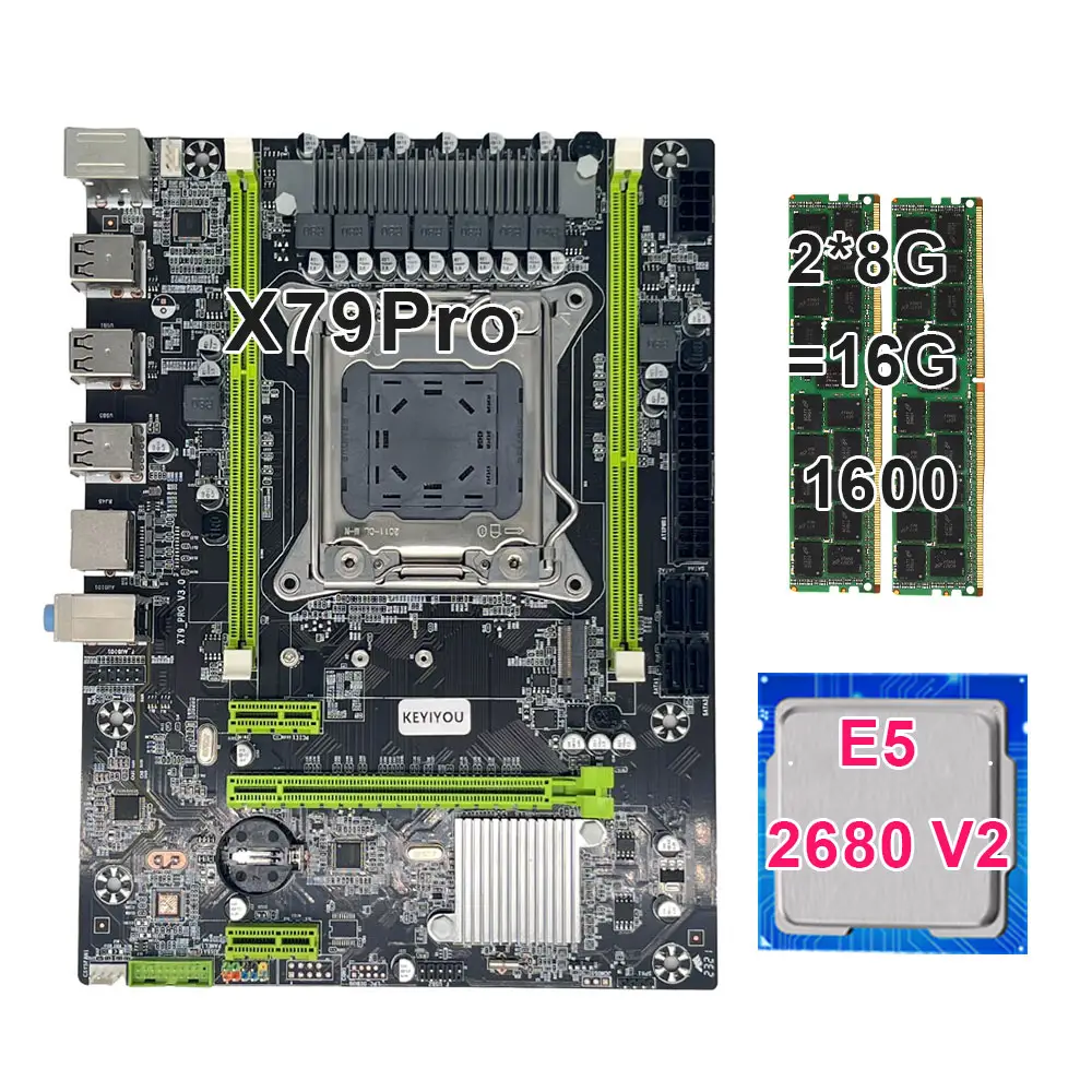 KEYIYOU Jeu de cartes mères KEYIYOU X79 Pro LGA 2011 V1 V2 avec processeur Xeon E5 2680 V2 16 Go DDR3 1600mhz ECC REG RAM