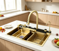 Évier de cuisine multifonctionnel en cascade en acier inoxydable SUS304 doré, poste de travail détachable pour la rénovation de cuisine domestique