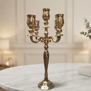 Support de Bougie Chauffe-Plat Mosaïque Dorée de Luxe – Décoration d'Intérieur Scintillante en Verre Miroir – Candelabre Durable et Élégant - Product Image 1