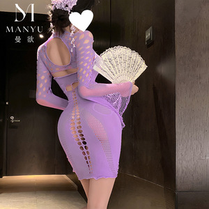 Lencería sexy Man Yu para mujer, conjunto de dos piezas con mangas largas huecas, malla transparente y medias que realzan la cadera W28 - Product Image 4