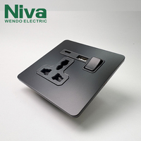Prise murale simple à 3 broches avec interrupteur, en acier inoxydable, série Niva NV2, avec USB et Type-C, compatible avec plusieurs normes