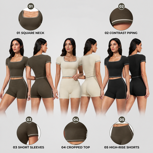 TZ2036-5 Women's Solid V-neck <b>Short</b> Sleeve <b>Crop</b> <b>Top</b> High Waist Yoga <b>Shorts</b> 2-Piece Yoga Set Front Logo Quick Dry - Product Image 2