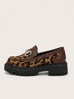 RX Dames Elegante Bruine Luipaard PU Lederen Platform Penny Loafers Instappers Met Metalen Ketting Decor True T School Halloween Valentijn