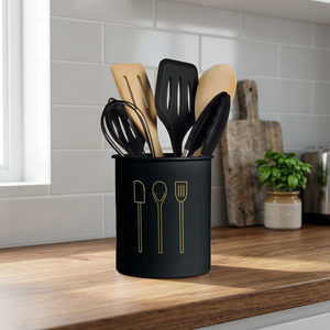 Porte-ustensiles de cuisine cylindrique minimaliste en métal noir, support de rangement pour comptoir - Product Image 6