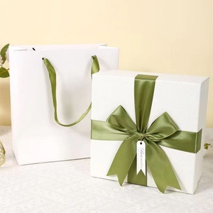 Custom Logo Wholesale White Luxury Cardboard Paper <b>Square</b> Gift Box With Green Ribbon - Product Image 3