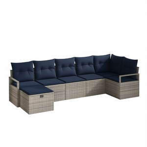 Conjunto de Jardín de Poliratán de 7 Piezas, Sofá Gris Marino para Exteriores con Cojines Manuales, Diseño Contemporáneo - Product Image 1