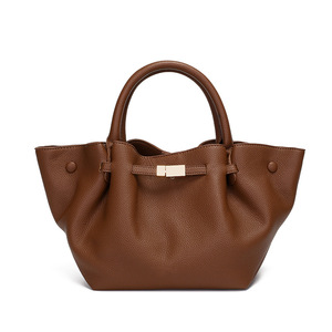 Women Soft Textured Leather Handbag Metal Lock Decor Top Handle Large Capacity Daily Shopping Tote Bag - Product Image 1