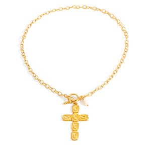 Collier croix plaqué or 18 carats avec pendentif perle d'eau douce multicolore et fermoir OT, idéal pour le quotidien - Product Image 5
