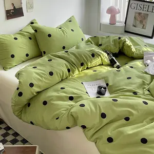 2024 Hot selling summer green dot stripe design wash cotton bed sheet pillow case duvet cover 4pcs bedding set for wholesale