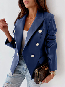 Blazer da <span class=keywords><strong>donna</strong></span> in <span class=keywords><strong>ecopelle</strong></span> <span class=keywords><strong>giacca</strong></span> da <span class=keywords><strong>donna</strong></span> a maniche lunghe doppiopetto Vintage in PU soprabito da <span class=keywords><strong>donna</strong></span> di alta qualità - Product Image 3