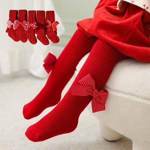 Collants d'hiver épais et moelleux de Noël pour bébé fille Chaussettes coréennes à la mode pour le Nouvel An Rouge Mignon Gros nœud Fuzzy Warm Baby Pantyhose - Product Image 4