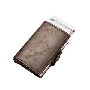 Tarjetero de metal de aluminio RFID para hombre, billetera de cuero PU vintage para tarjetas de crédito