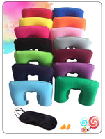 Portable 3 pièces PVC gonflable en forme de U en peluche oreiller de sieste avion voyage ensemble Protection du cou pour l'extérieur et la conduite confort amélioré