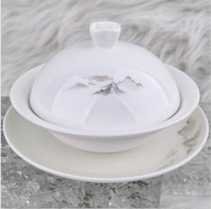 Service de vaisselle en porcelaine blanche à motif montagne avec couvercle, bol, assiette, tasse, soucoupe, compatible lave-vaisselle pour usage domestique et hôtelier - Product Image 4
