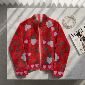 NEW JAIPUR INTERNATIONAL Red Suzani Embroidered <b>Velvet</b> Bomber <b>Jacket</b> for <b>Women</b> Handmade Floral Heart Embroidery Ethnic Boho - Product Image 5