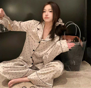 Nuovo stile a pois di <span class=keywords><strong>seta</strong></span> di ghiaccio in raso <span class=keywords><strong>camicia</strong></span> <span class=keywords><strong>da</strong></span> <span class=keywords><strong>notte</strong></span> <span class=keywords><strong>da</strong></span> <span class=keywords><strong>donna</strong></span> a maniche lunghe girocollo Set due pezzi - Product Image 6