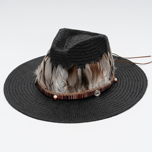 Sombrero de Paja de Ala Ancha de Estilo Casual, Tejido a Mano, con Decoración de Plumas Artificiales, para Playa y Protección Solar - Product Image 6