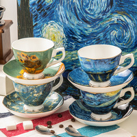Tasse et soucoupe en céramique de style peinture Van Gogh en porcelaine fine dans une boîte cadeau, tasses à thé et soucoupes lot de 4