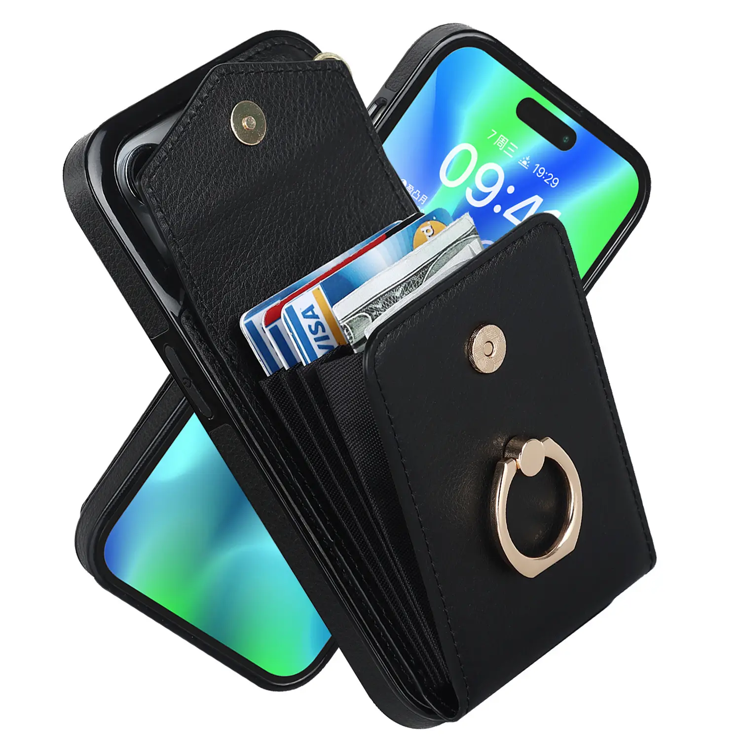 Vente en gros de la mode étui pour iPhone 14 Pro max doigt anneau Clip orgue carte sac nouveau multifonctionnel étui de téléphone sac couverture portefeuille