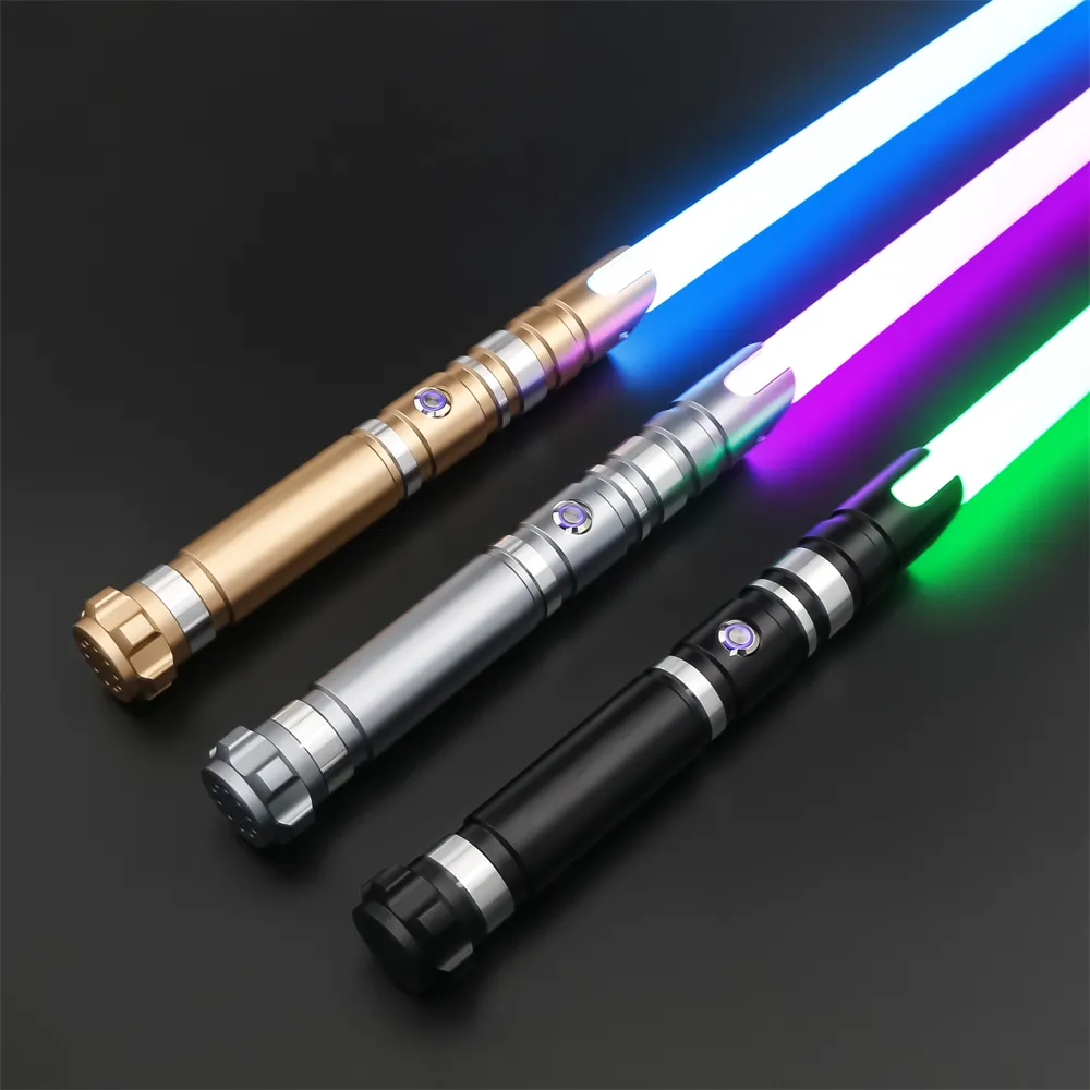 TXQsaber Mainan Cosplay Pistol Logam FOC, Handel Logam Dueling Lightsaber dengan PC Tabung RGB 1 Inci Bilah Nyala 10 CD Suara