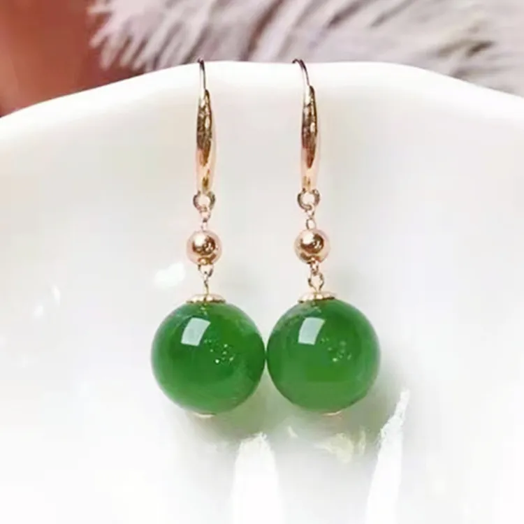 SGARIT high quality gemstone jewelry wholesale price 10mm natural green jade jasper earrings 18k gold jewelry