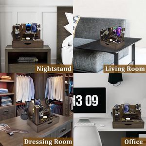 Table de chevet fonctionnelle en bois d'acacia avec organisateur, station d'accueil pour téléphone, tiroir, table de chevet, table de chevet, téléphone portable, montre, clés - Product Image 4