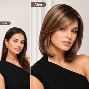 Perruque synthétique courte et droite, style bob, avec frange latérale, mèches blondes et brunes, résistante à la chaleur, pour femmes, vente en gros, OEM, ODM, personnalisable - Product Image 2
