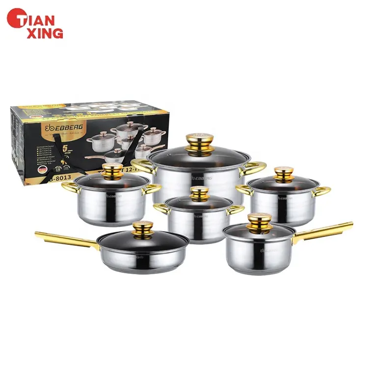 Tianxing Wholesale Household Item 12Pcs Stainless Steel Casserole Set Gold Cooking Stock Pot And Pan Set Non-stick Cookware Set