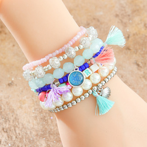 <b>Beaded</b> Bracelets <b>Set</b> Tassel Imitation Pearl Crystal Rhinestone Mom Charm Women's Bohemia Fashion Jewelry Stackable Bracelets - Product Image 2